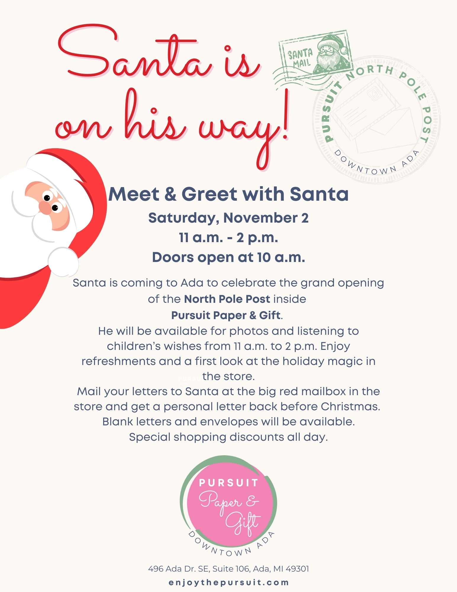 Santa is coming to Pursuit Paper & Gift on November 2