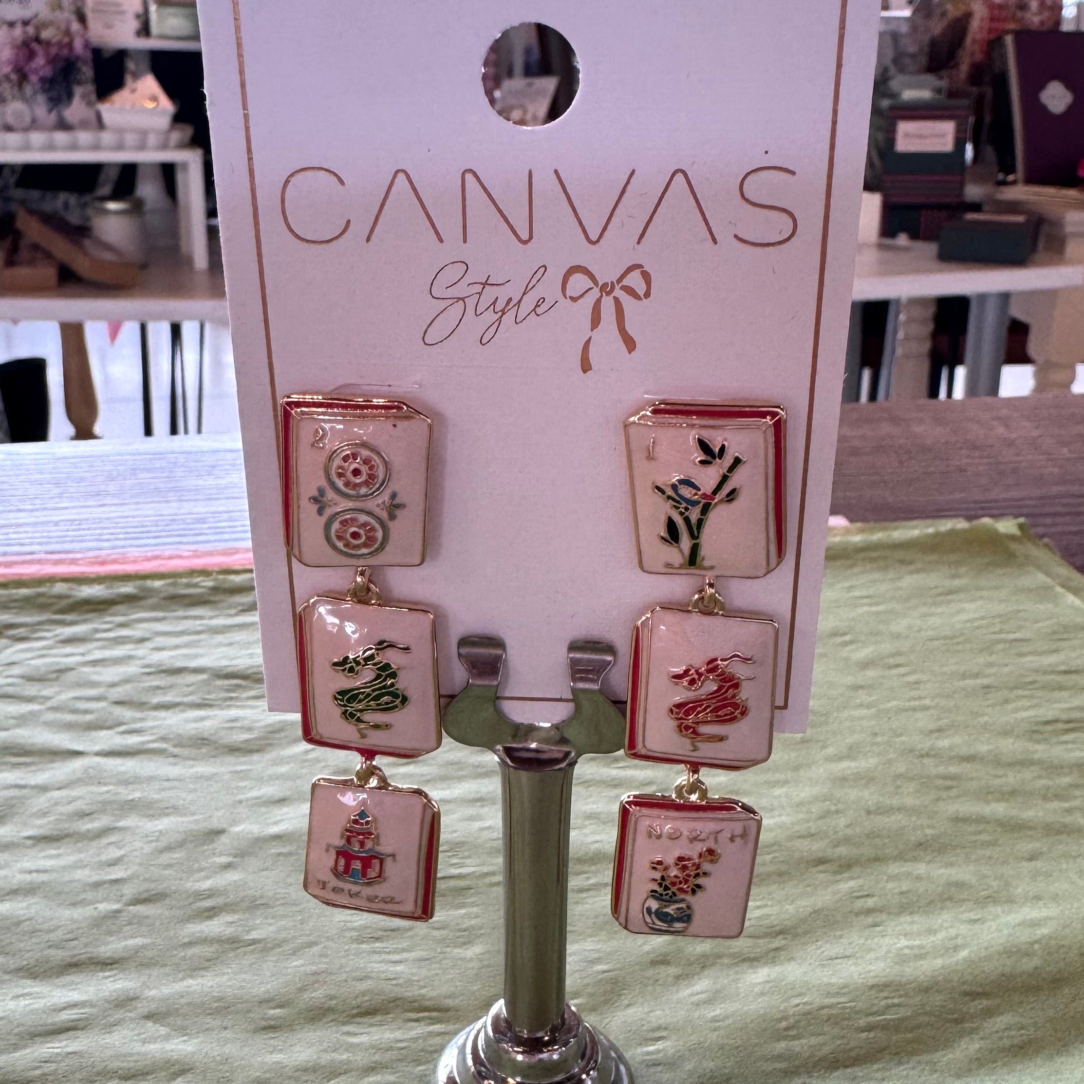 Linked Mahjong Tile Earrings in Light Pink