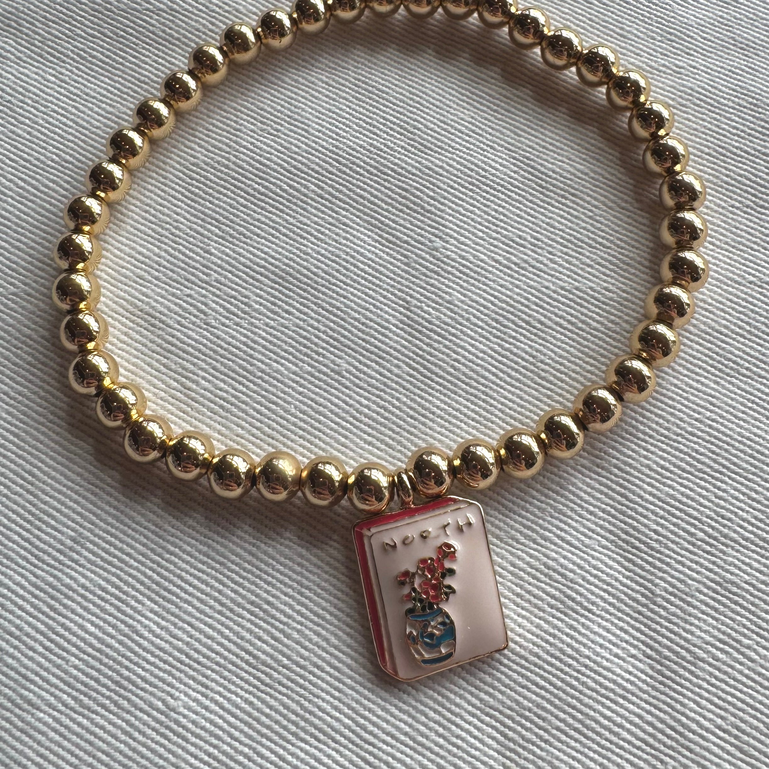 Mahjong Tile Ball Bead Stretch Bracelet in Shiny Gold